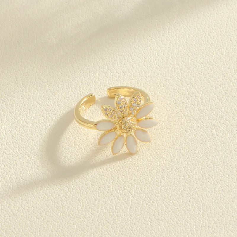 Copper 18K Gold Plated Inlay Sunflower Flower Zircon Rings