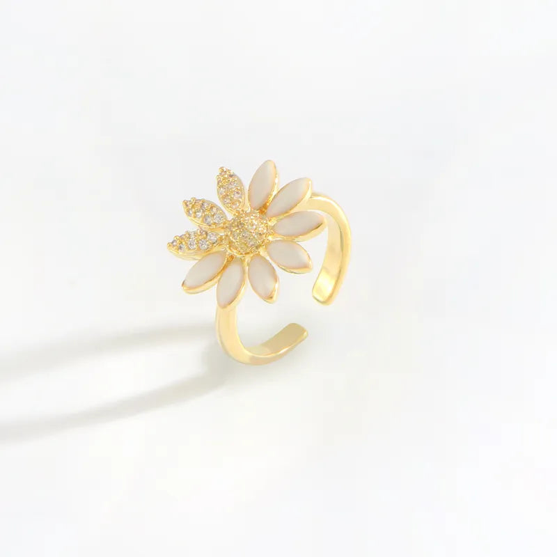 Copper 18K Gold Plated Inlay Sunflower Flower Zircon Rings