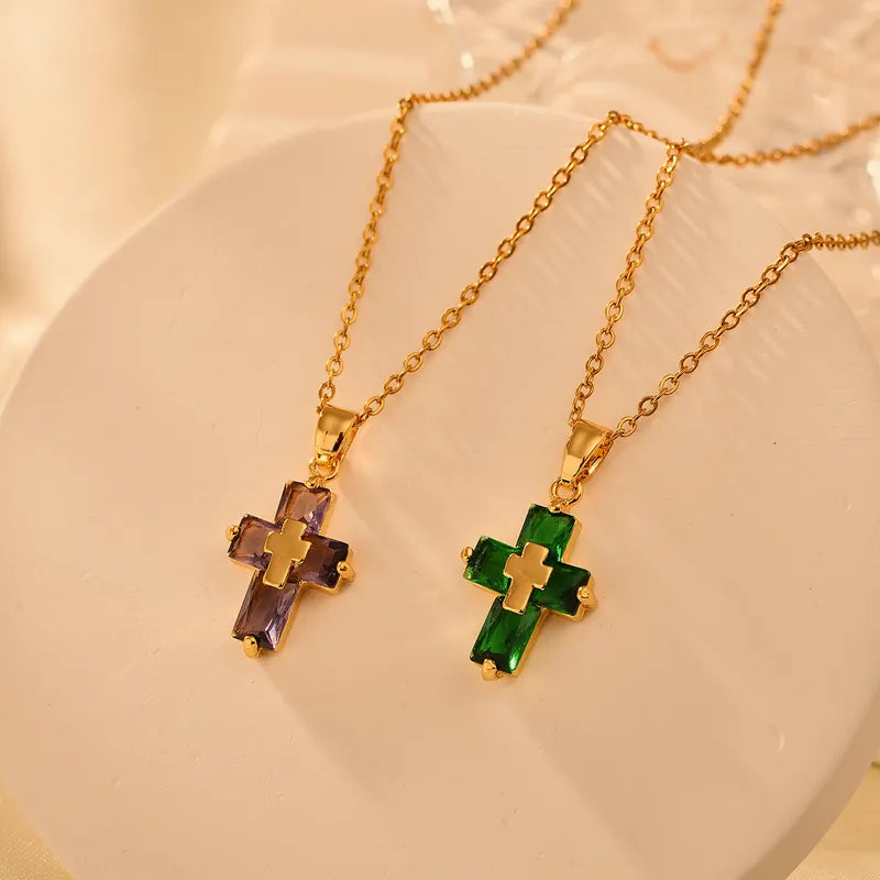 Copper 18K Gold Plated Nordic Style Classic Style Cross Inlay Zircon Pendant Necklace