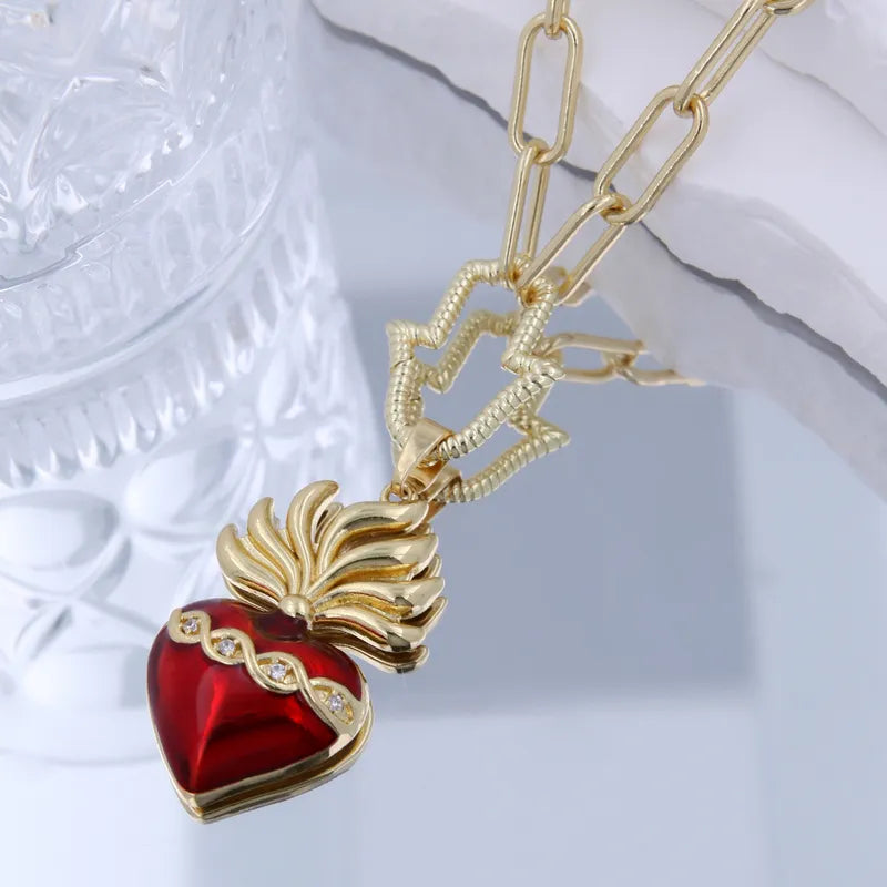 Copper 18K Gold Plated Patchwork Hollow Out Inlay Palm Heart Shape Zircon Pendant Necklace Necklace