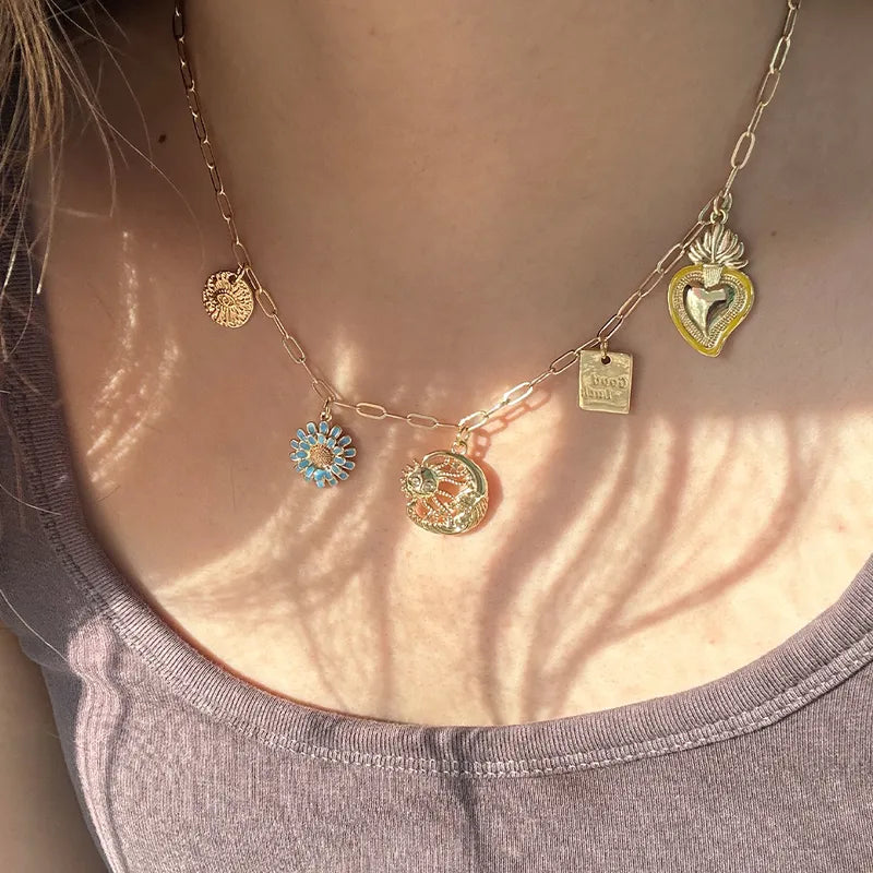 Copper 18K Gold Plated Patchwork Hollow Out Inlay Sun Heart Shape Eye Zircon Pendant Necklace Necklace