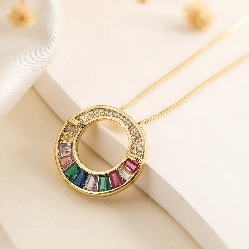 Copper 18K Gold Plated Plating Inlay Geometric Round Zircon Pendant Necklace