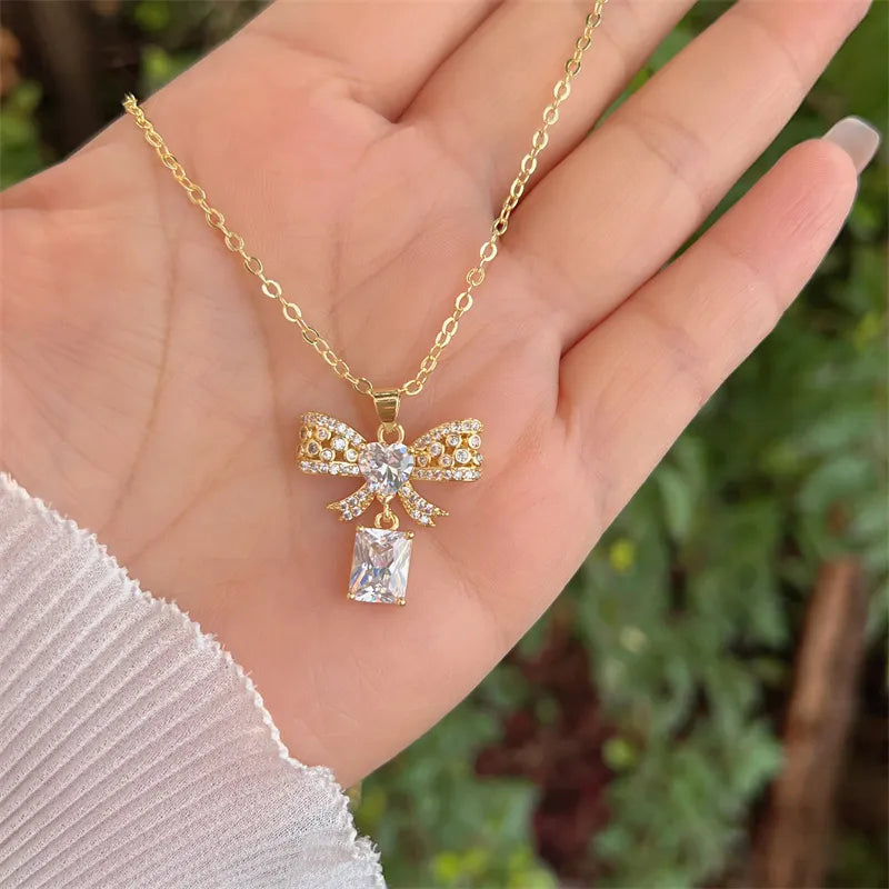 Simple Style Classic Style Bow Knot Plating Inlay Zircon Pendant Necklace