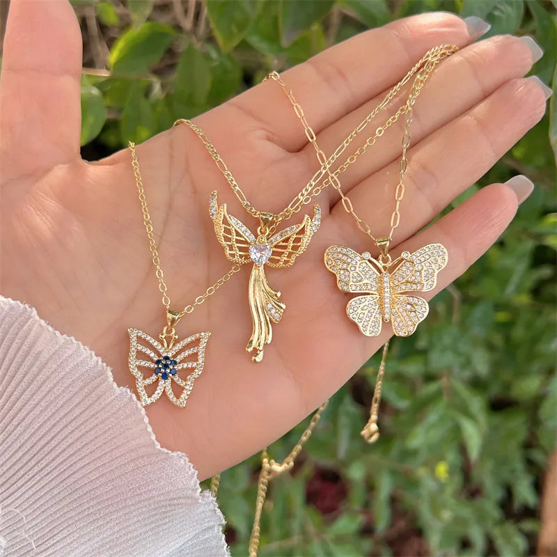 Simple Style Classic Style Flower Butterfly Plating Inlay Zircon Pendant Necklace