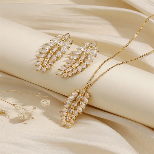 Copper 18K Gold Plated Simple Style Classic Style Plating Inlay Leaves Zircon Jewelry Set