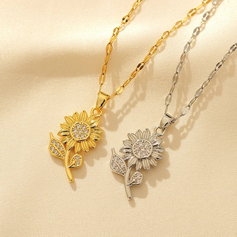 18K Gold Plated Simple Style Classic Style Sunflower Inlay Zircon Pendant Necklace