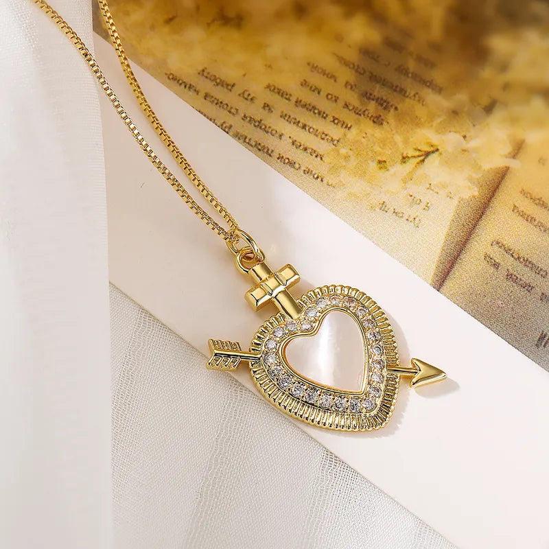 18K Gold Plated Simple Style Commute Inlay Heart Shape Shell Zircon Pendant Necklace