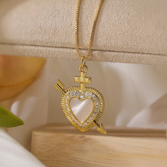 18K Gold Plated Simple Style Commute Inlay Heart Shape Shell Zircon Pendant Necklace