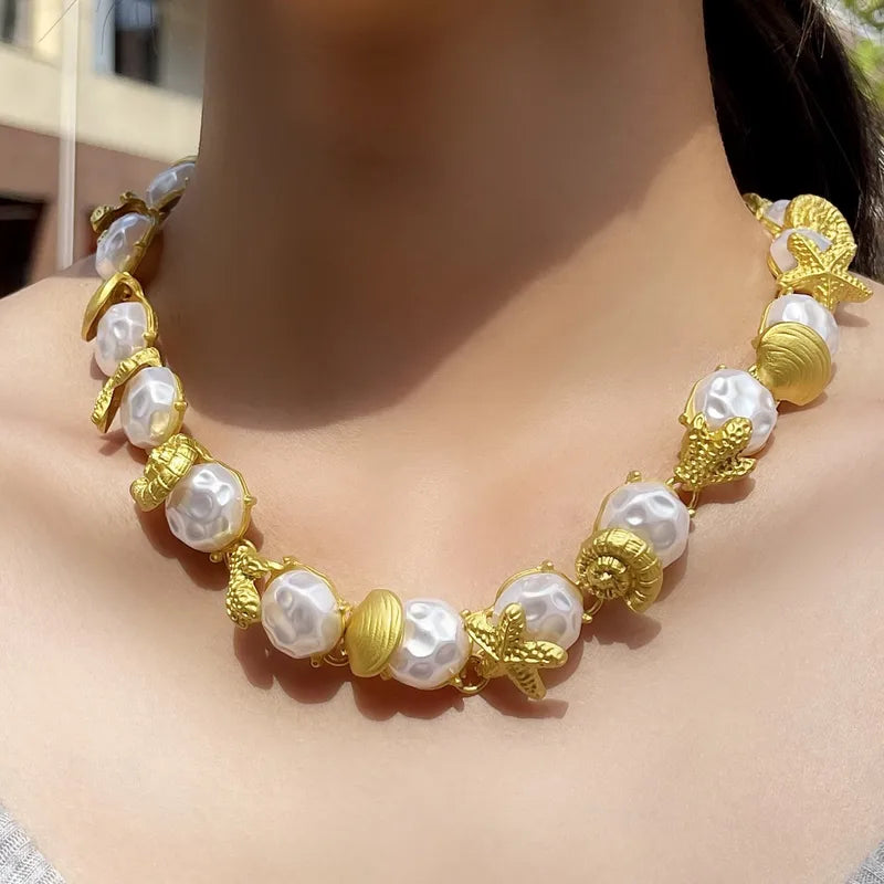 Copper 18K Gold Plated Starfish Shell Pearl Necklace