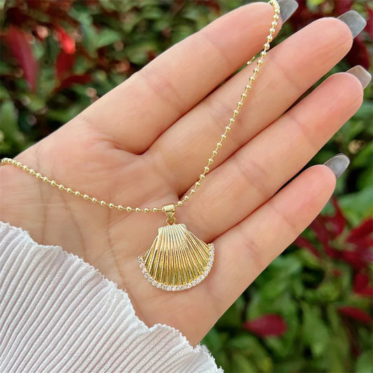 Copper Ball Chain 18K Gold Plated Inlay Conch Shell Zircon Pendant Necklace)