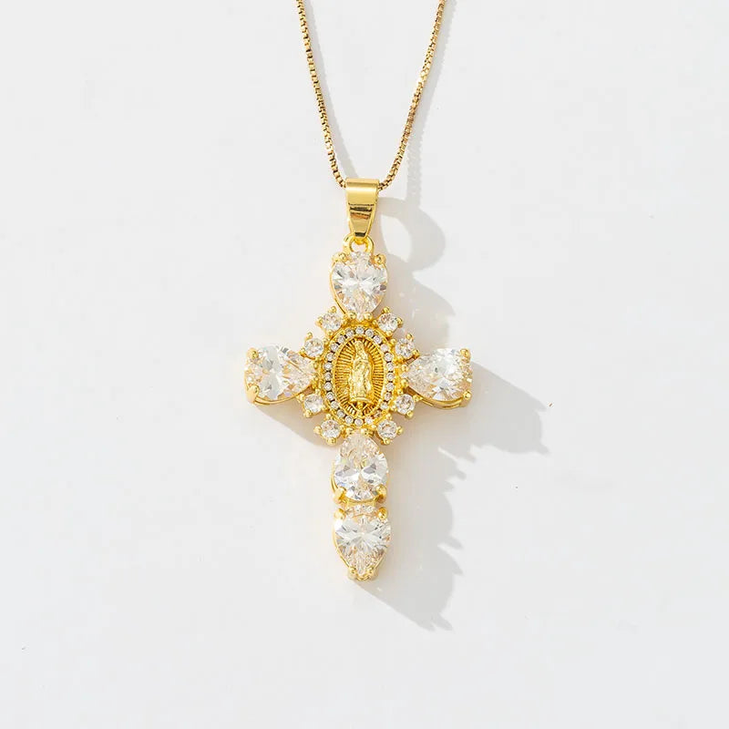 Copper Box Chain 18K Gold Plated Asymmetrical Cross Zircon Pendant Necklace