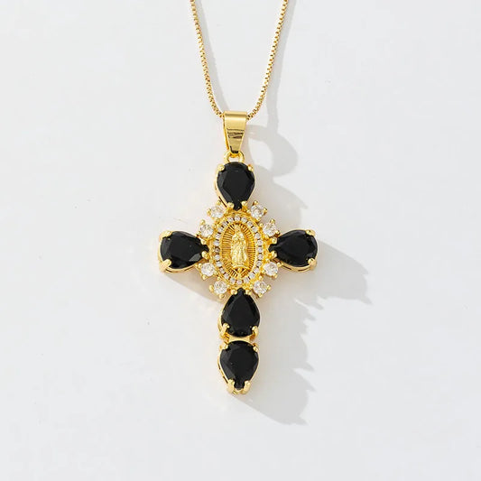 Copper Box Chain 18K Gold Plated Asymmetrical Cross Zircon Pendant Necklace