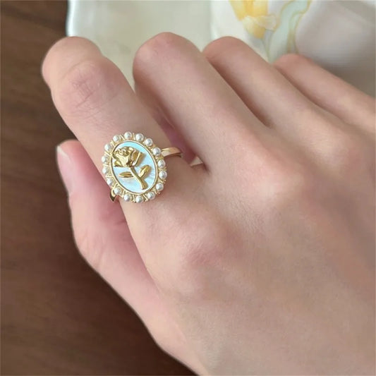 Copper Enamel Inlay Waves Heart Shape Butterfly Shell Zircon Open Rings