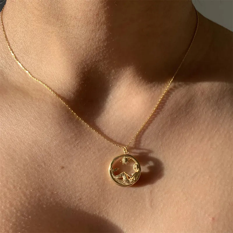 Copper Gold Plated Hollow Out Round Pendant Necklace