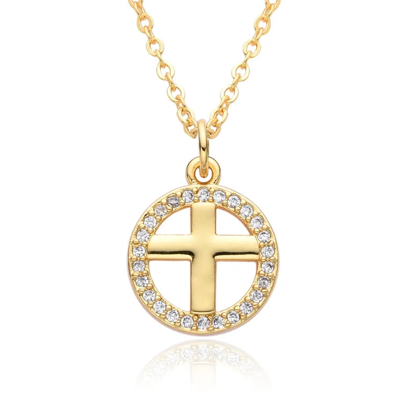 Copper Gold Plated Simple Style Shiny Cross Hollow Out Inlay Zircon Pendant Necklace