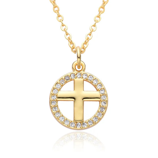 Copper Gold Plated Simple Style Shiny Cross Hollow Out Inlay Zircon Pendant Necklace