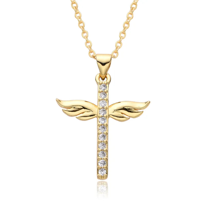 Copper Gold Plated Simple Style Shiny Cross Hollow Out Inlay Zircon Pendant Necklace