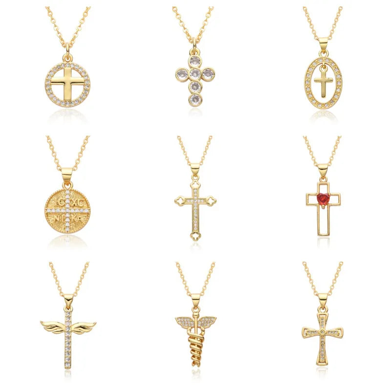 Copper Gold Plated Simple Style Shiny Cross Hollow Out Inlay Zircon Pendant Necklace