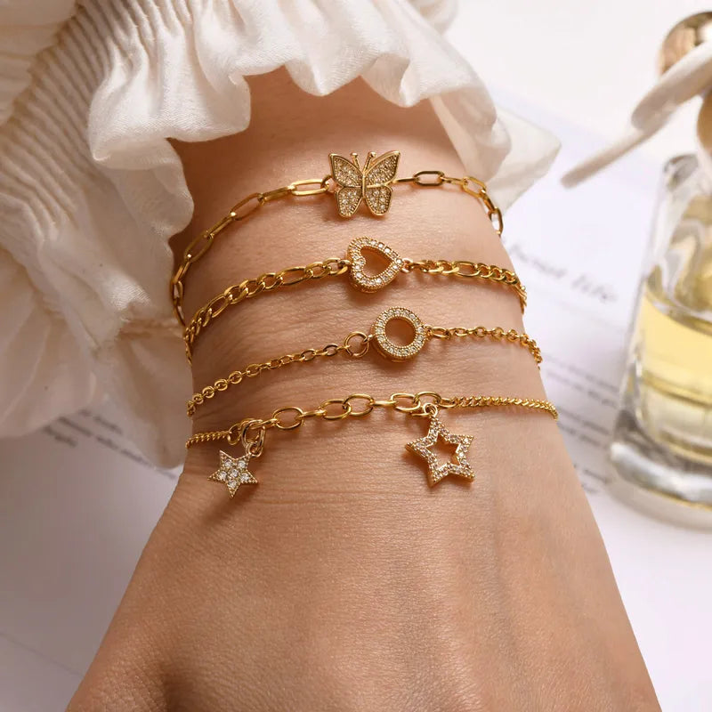 Copper Gold Plated Simple Style Star Butterfly Heart Shape Zircon Bracelets