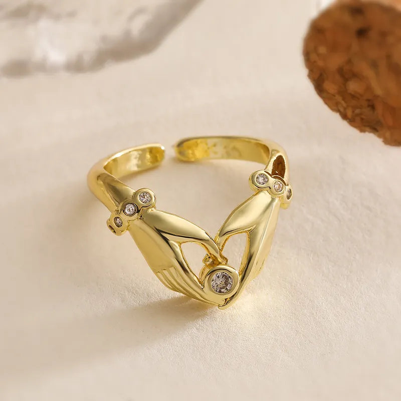 Copper Hollow Out Inlay Gesture Zircon Open Rings