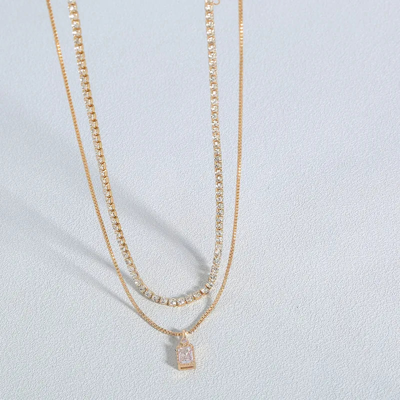 Copper Inlay Geometric Zircon Double Layer Necklaces