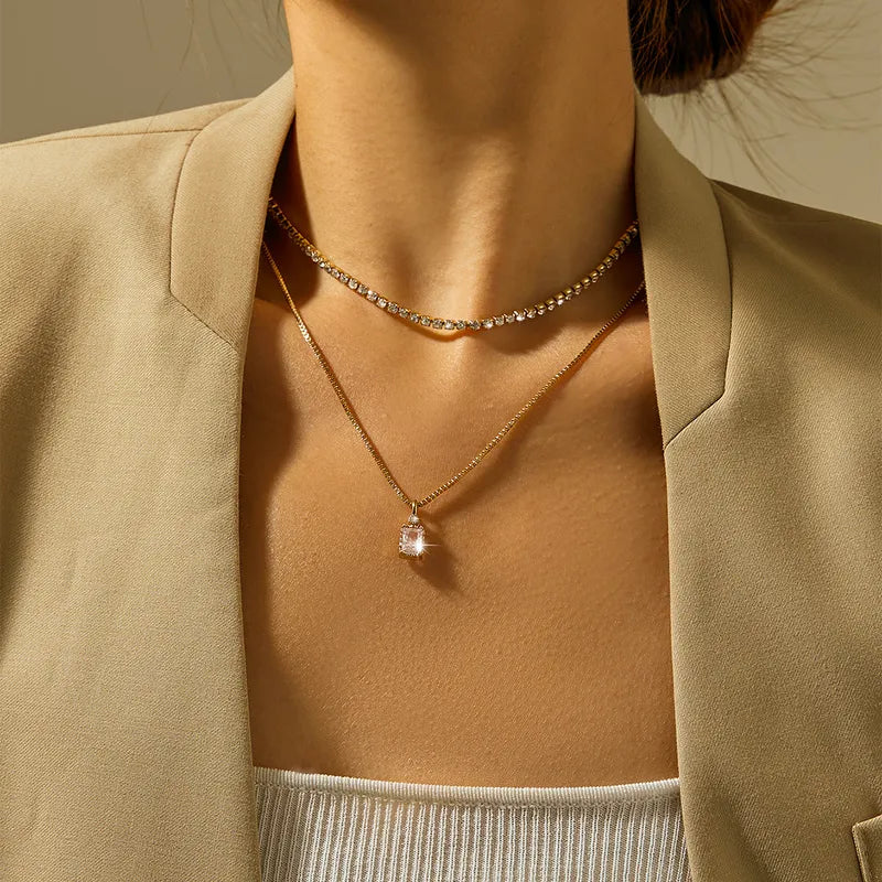 Copper Inlay Geometric Zircon Double Layer Necklaces