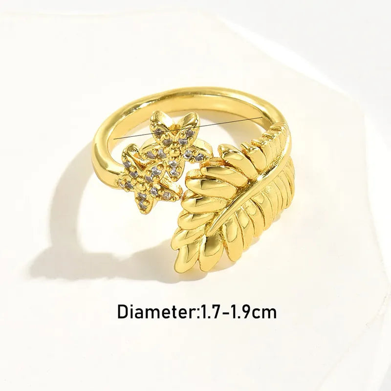 Copper Inlay Leaf Flower Zircon Open Rings