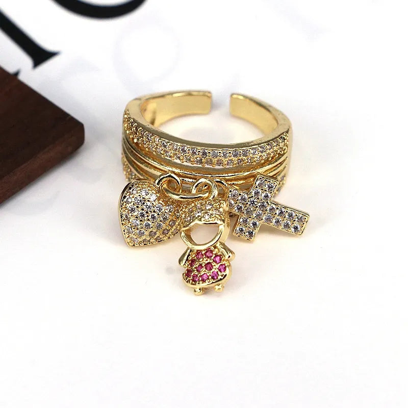 Copper Plating Inlay Cross Cartoon Character Heart Shape Zircon Open Rings