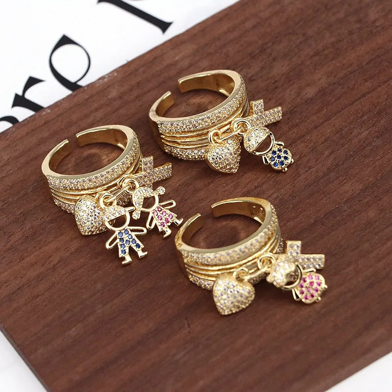 Copper Plating Inlay Cross Cartoon Character Heart Shape Zircon Open Rings