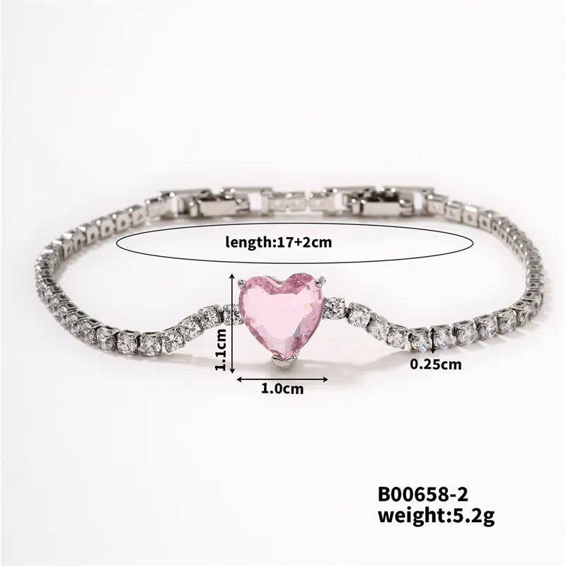 Copper Rhodium Plated Elegant Streetwear Inlay Heart Shape Flower Zircon Bracelets