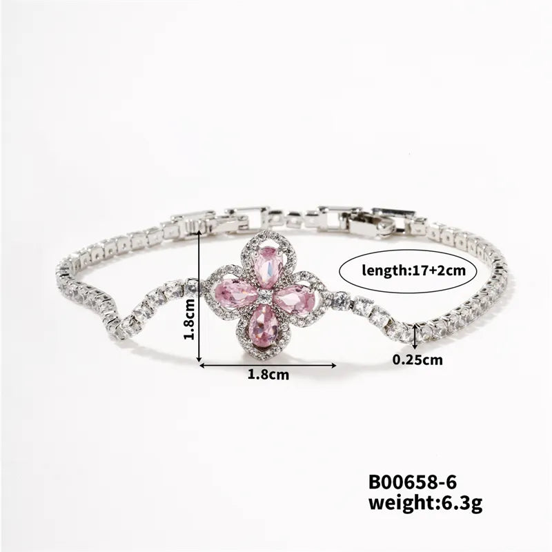 Copper Rhodium Plated Elegant Streetwear Inlay Heart Shape Flower Zircon Bracelets