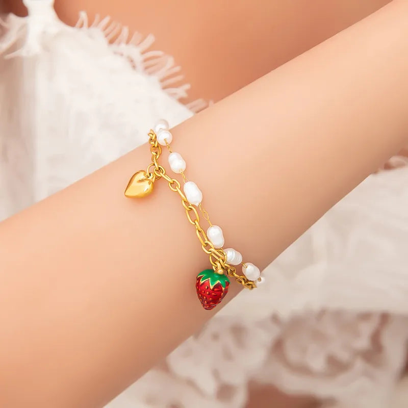 Cute Classic Style Sun Heart Shape Strawberry 304 Stainless Steel Paperclip Chain Multi Charms Bracelet In Bulk