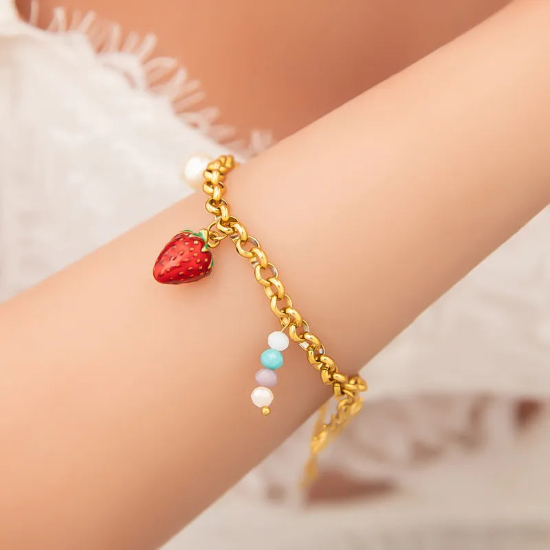 Cute Classic Style Sun Heart Shape Strawberry 304 Stainless Steel Paperclip Chain Multi Charms Bracelet In Bulk