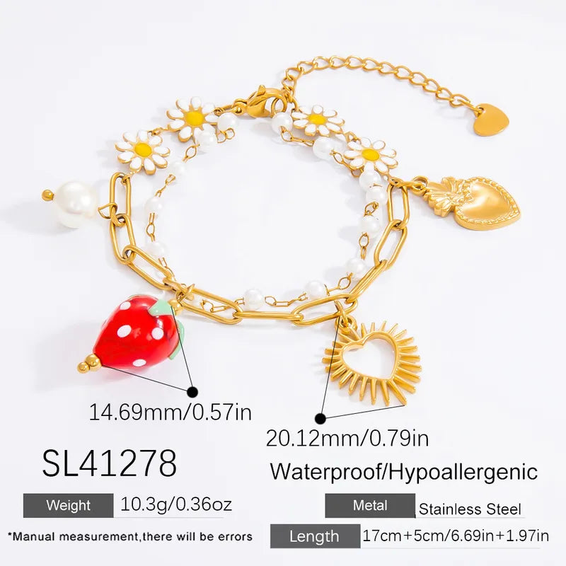 Cute Classic Style Sun Heart Shape Strawberry 304 Stainless Steel Paperclip Chain Multi Charms Bracelet In Bulk