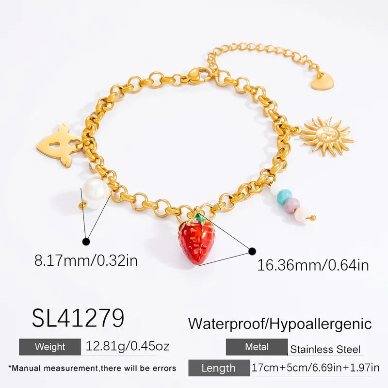 Cute Classic Style Sun Heart Shape Strawberry 304 Stainless Steel Paperclip Chain Multi Charms Bracelet In Bulk