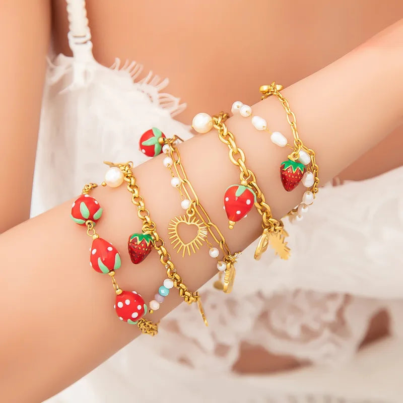 Cute Classic Style Sun Heart Shape Strawberry 304 Stainless Steel Paperclip Chain Multi Charms Bracelet In Bulk