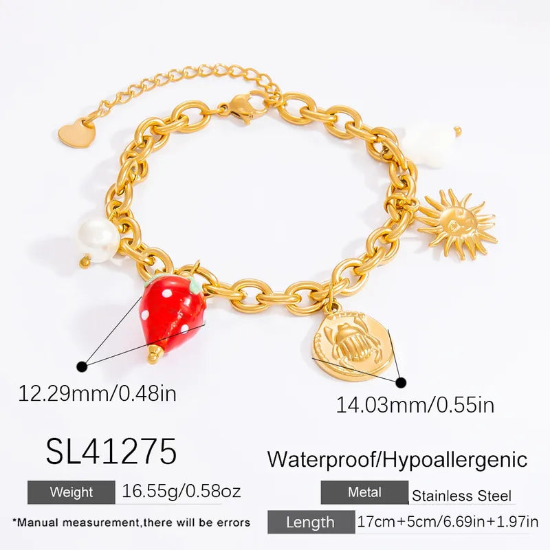 Cute Classic Style Sun Heart Shape Strawberry 304 Stainless Steel Paperclip Chain Multi Charms Bracelet In Bulk