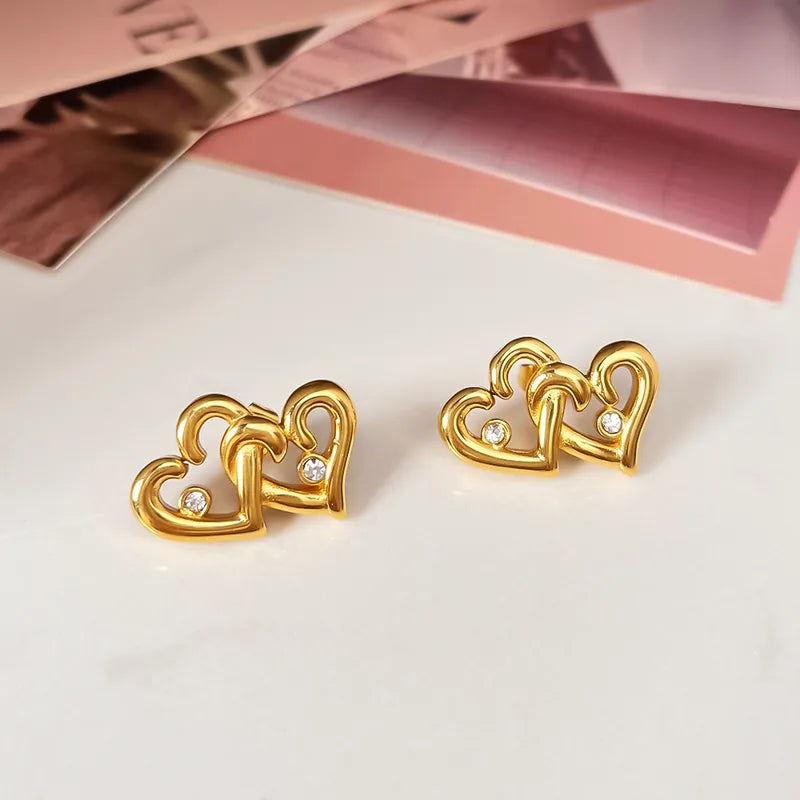 Cute Sweet Heart Shape 304 Stainless Steel Zircon 18K Gold Plated Ear Studs