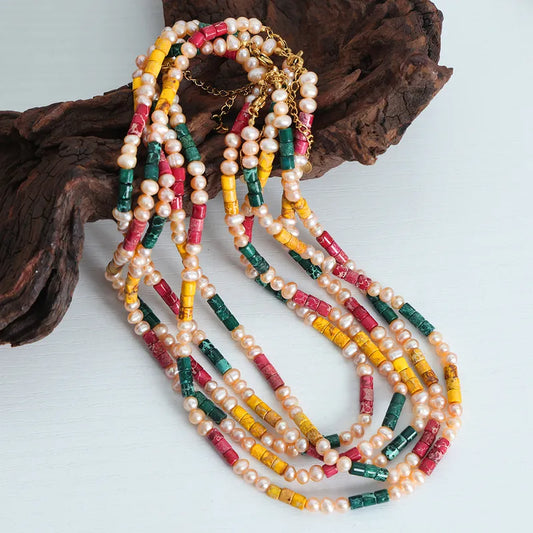 Elegant Baroque Style Color Block Beaded Natural Stone Freshwater Pearl Beaded Knitting 18k Gold Plated Women's Necklace