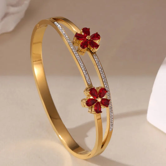 Elegant Classical Flower 304 Stainless Steel 18K Gold Plated Bangle In Bulk