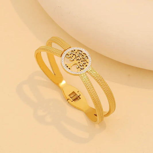 Elegant Glam Parthenocissus Grass Life Tree Butterfly 304 Stainless Steel 18K Gold Plated Zircon Bangle In Bulk