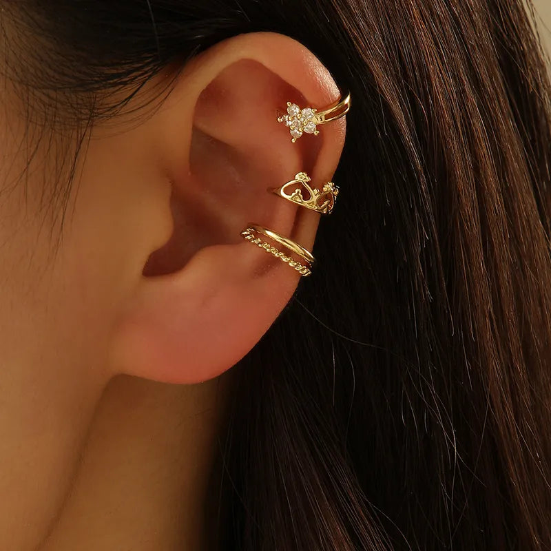 Elegant Lady Heart Shape Crown Copper Plating Inlay Zircon Gold Plated Ear Cuffs