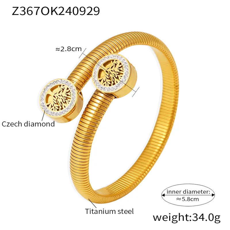 Elegant Life Tree Titanium Steel 18K Gold Plated Rhinestones Bangle In Bulk