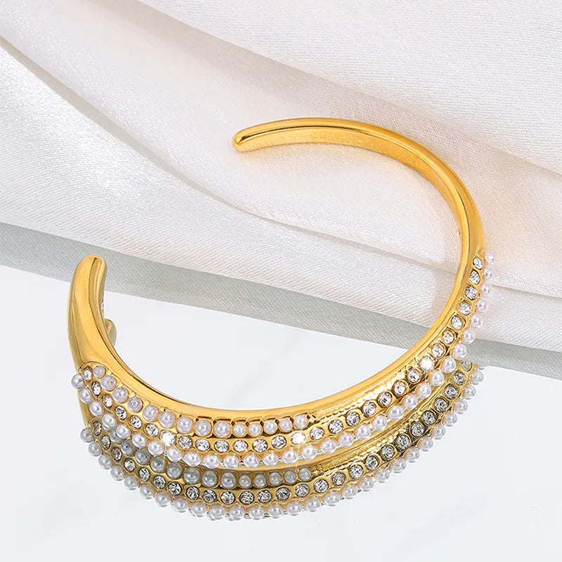 Elegant Luxurious French Style Solid Color 304 Stainless Steel Artificial Rhinestones Artificial Pearls Bangle In Bulk