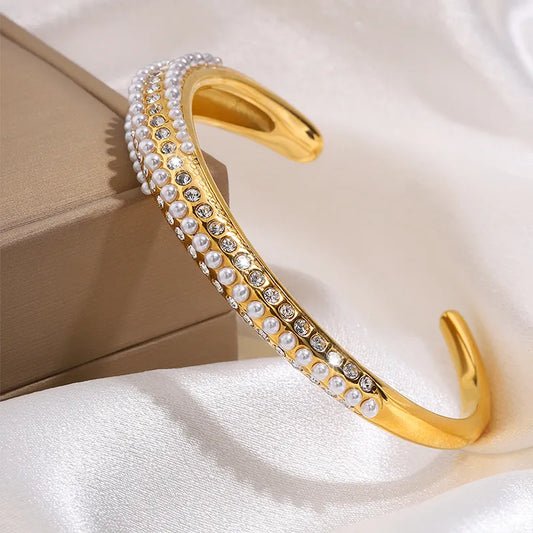 Elegant Luxurious French Style Solid Color 304 Stainless Steel Artificial Rhinestones Artificial Pearls Bangle In Bulk