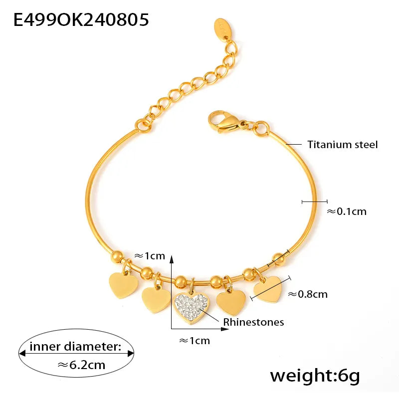 Elegant Princess Simple Style Heart Shape Titanium Steel 18K Gold Plated Artificial Rhinestones Bangle In Bulk