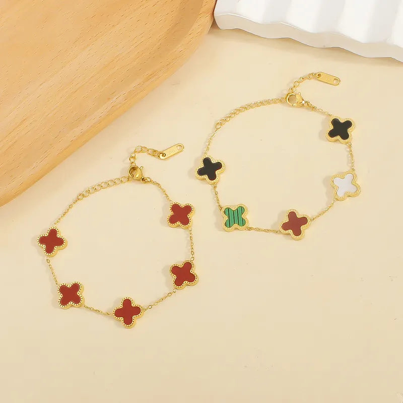 Elegant Romantic Simple Style Four Leaf Clover 304 Stainless Steel 18K Gold Plated Acrylic Shell Bracelets In Bulk