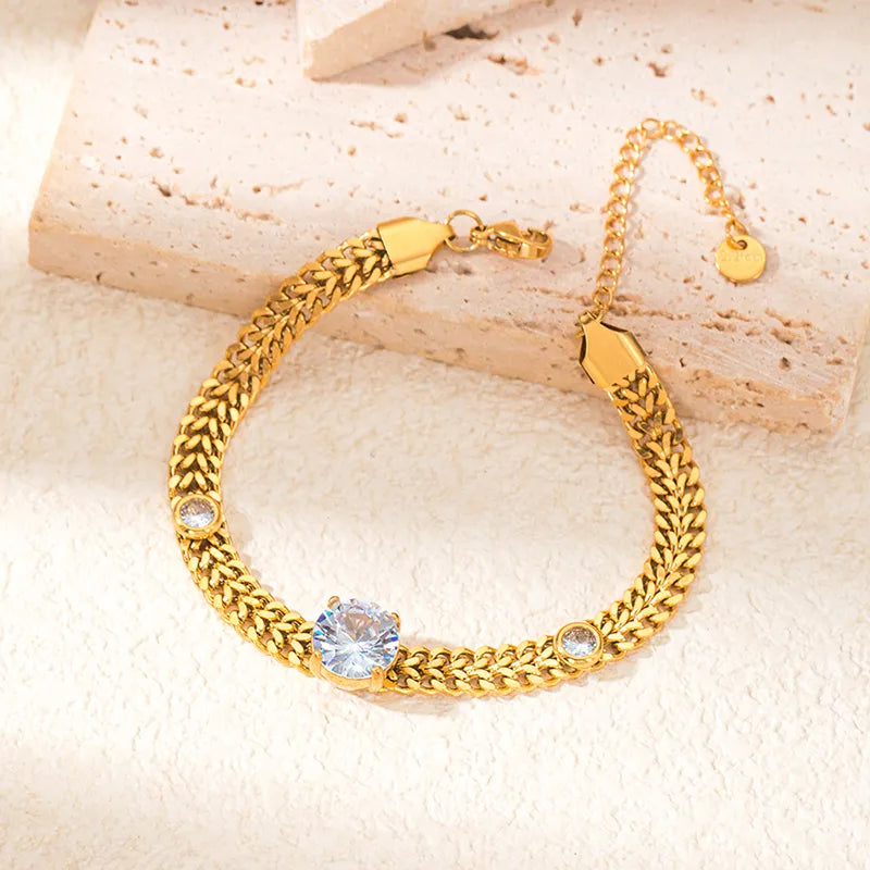 Elegant Simple Style Oval 304 Stainless Steel 14K Gold Plated Zircon Bracelets In Bulk