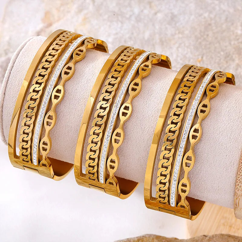 Elegant Solid Color Titanium Steel 18K Gold Plated Rhinestones Bangle In Bulk