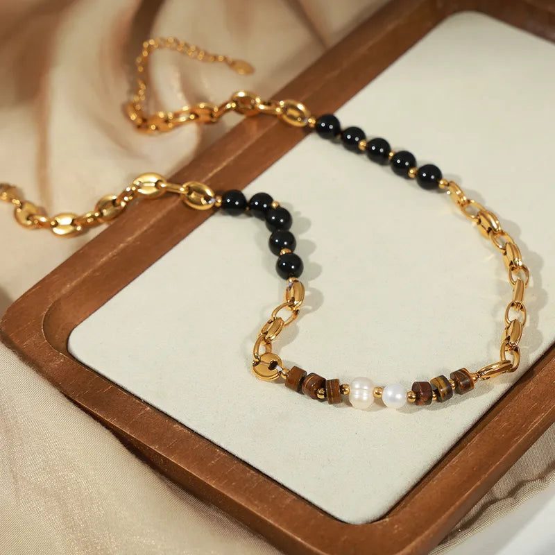 Elegant Vintage Style Geometric Titanium Steel Beaded Plating Inlay Freshwater Pearl Agate Tiger Eye 18k Gold Plated Necklace